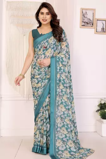 rama color moss satin patta designer flower printed ceremonial saree