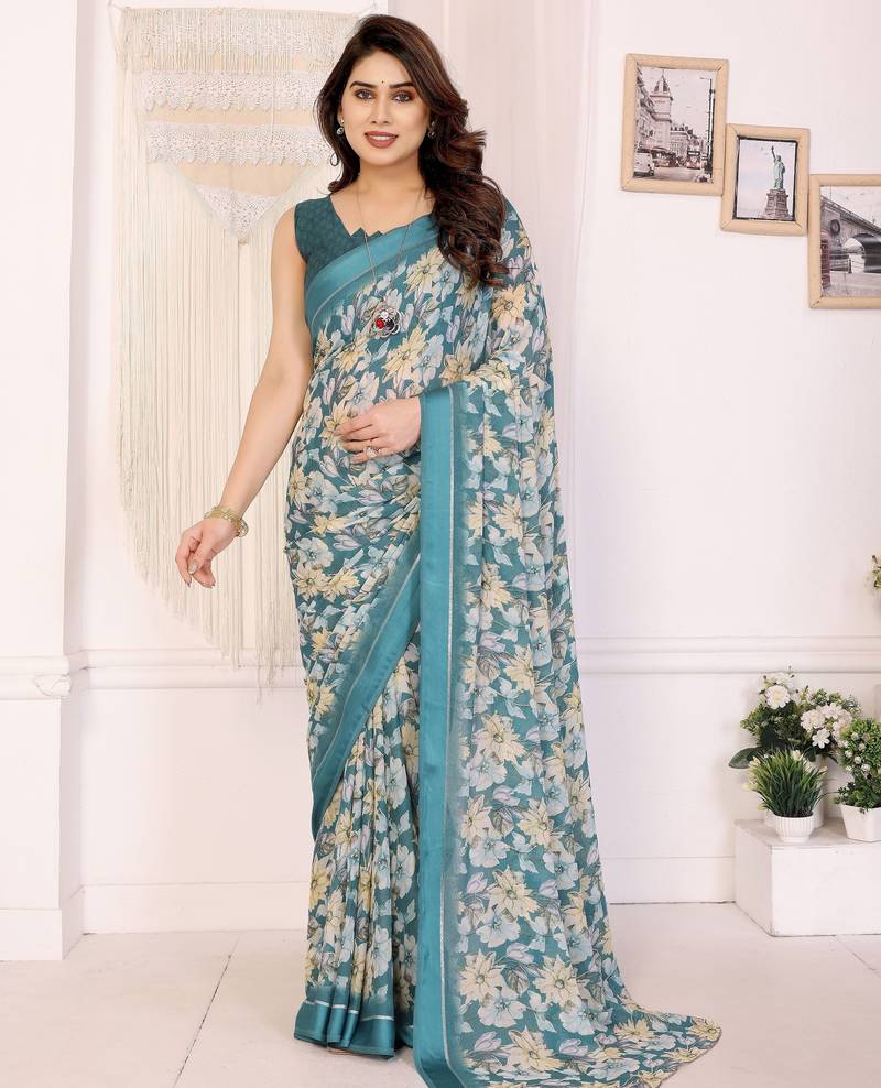 rama color moss satin patta designer flower printed ceremonial saree