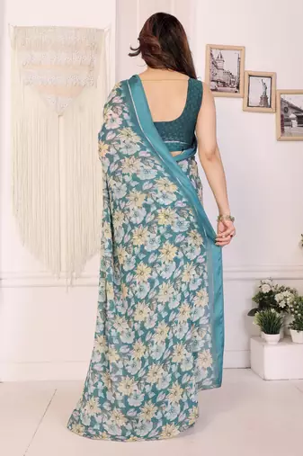rama moss satin patta flower printed ceremonial saree