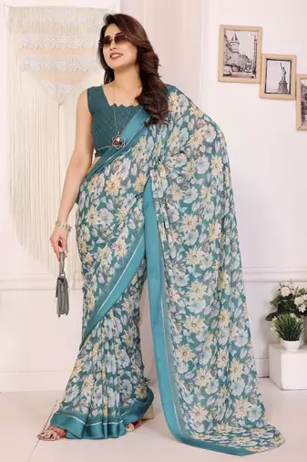 rama moss satin patta flower printed ceremonial saree