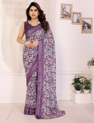 purple moss satin patta flower printed ceremonial saree 1