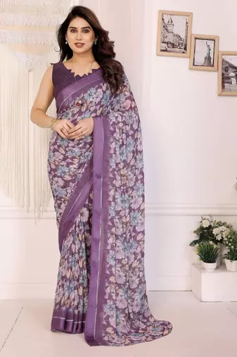 purple color moss satin patta designer flower printed ceremonial saree