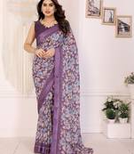 purple color moss satin patta designer flower printed ceremonial saree