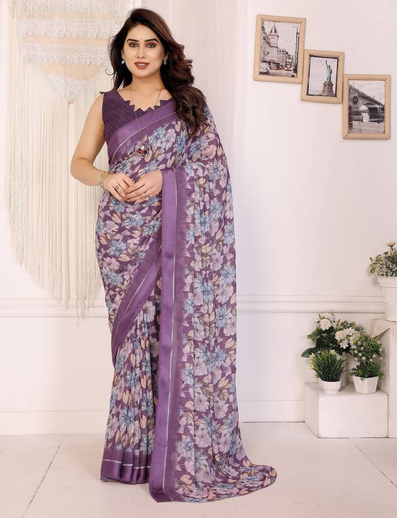 purple color moss satin patta designer flower printed ceremonial saree