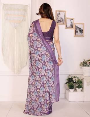 purple moss satin patta flower printed ceremonial saree 2