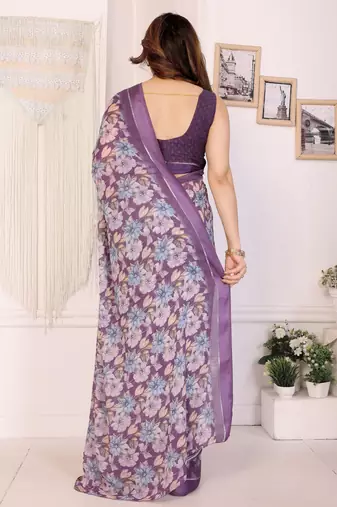purple moss satin patta flower printed ceremonial saree