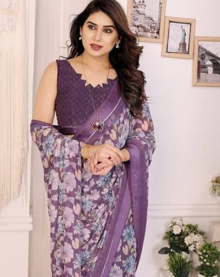 purple moss satin patta flower printed ceremonial saree 3