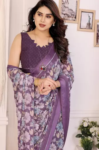 purple moss satin patta flower printed ceremonial saree