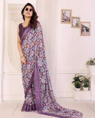 purple moss satin patta flower printed ceremonial saree 4