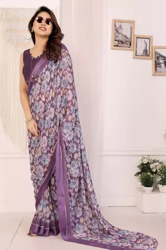 purple moss satin patta flower printed ceremonial saree