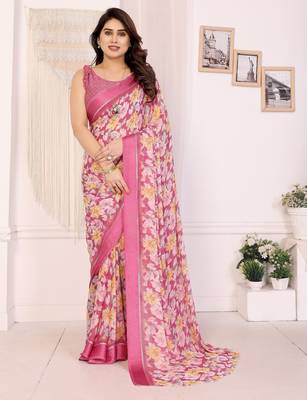 pink moss satin patta flower printed ceremonial saree 1