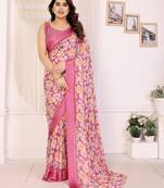 pink color moss satin patta designer flower printed ceremonial saree