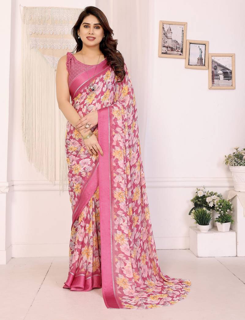 pink color moss satin patta designer flower printed ceremonial saree