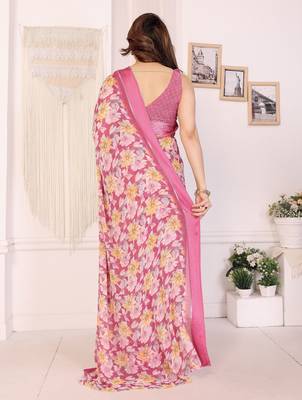 pink moss satin patta flower printed ceremonial saree 2