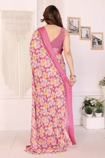 pink moss satin patta flower printed ceremonial saree