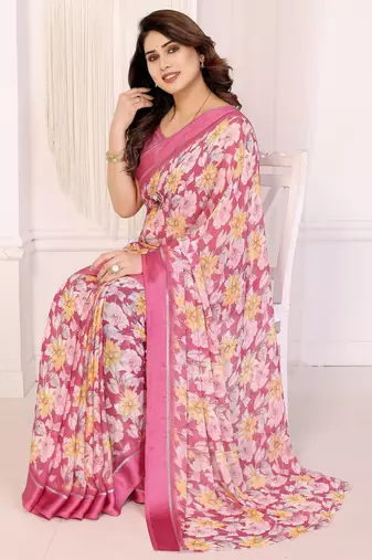pink moss satin patta flower printed ceremonial saree