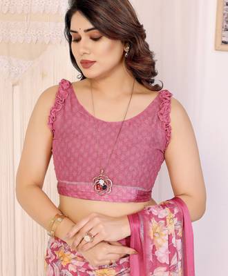 pink moss satin patta flower printed ceremonial saree 5