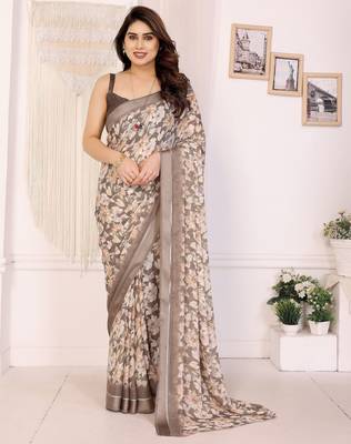 beige moss satin patta flower printed ceremonial saree 1