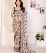 beige color moss satin patta designer flower printed ceremonial saree