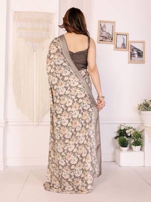beige moss satin patta flower printed ceremonial saree 2