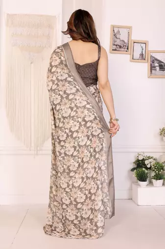 beige moss satin patta flower printed ceremonial saree