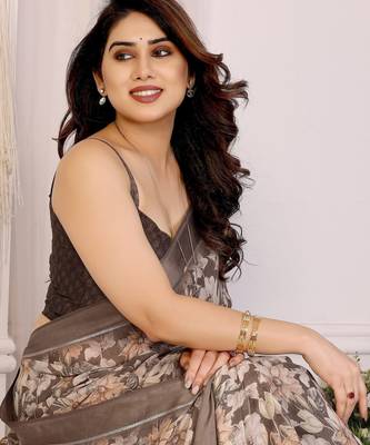 beige moss satin patta flower printed ceremonial saree 3