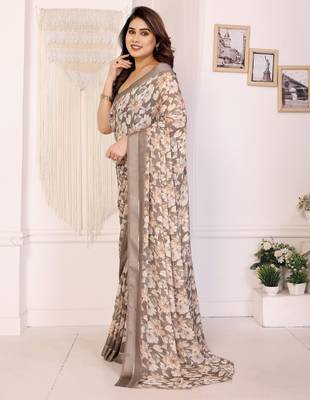 beige moss satin patta flower printed ceremonial saree 4