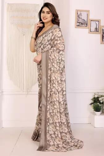 beige moss satin patta flower printed ceremonial saree
