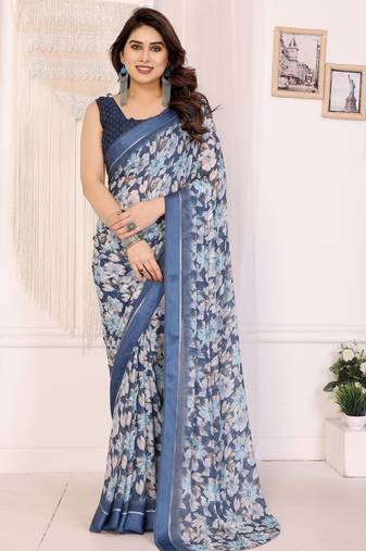 blue color moss satin patta designer flower printed ceremonial saree