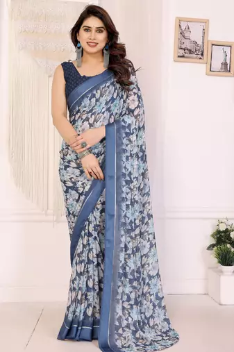 blue color moss satin patta designer flower printed ceremonial saree