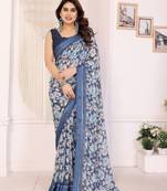 blue color moss satin patta designer flower printed ceremonial saree