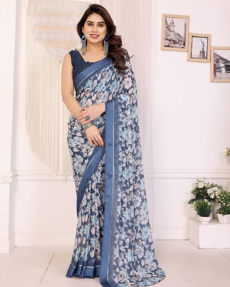 blue color moss satin patta designer flower printed ceremonial saree