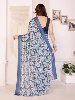 blue moss satin patta flower printed ceremonial saree 2