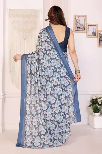 blue moss satin patta flower printed ceremonial saree