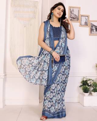 blue moss satin patta flower printed ceremonial saree 4