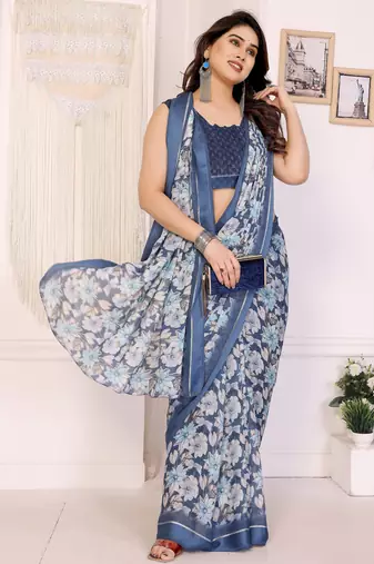 blue moss satin patta flower printed ceremonial saree