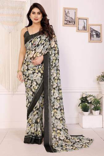 black color moss satin patta designer flower printed ceremonial saree