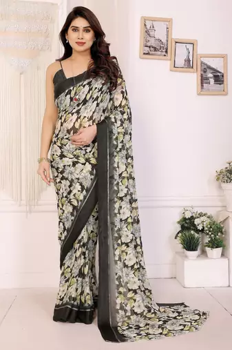 black color moss satin patta designer flower printed ceremonial saree