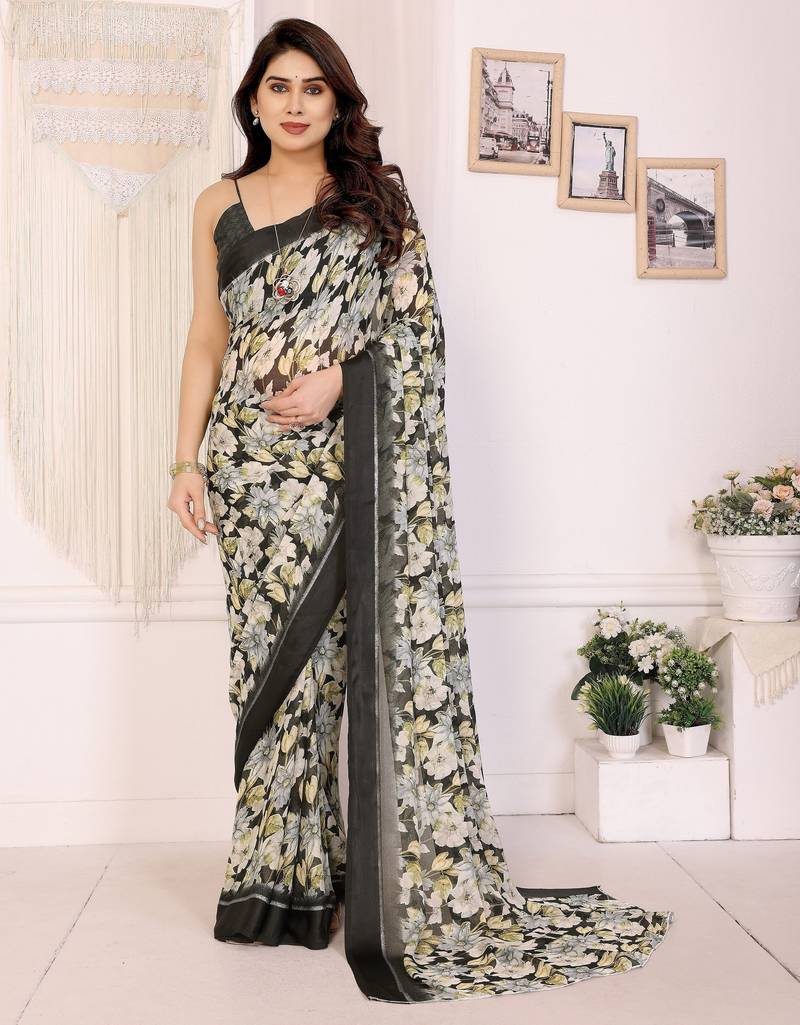 black color moss satin patta designer flower printed ceremonial saree