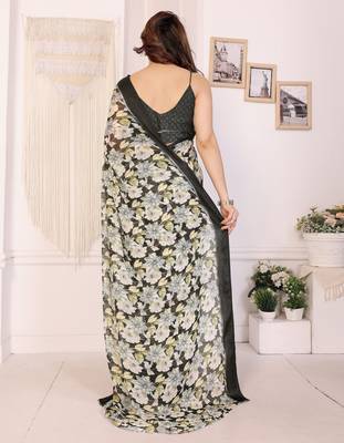 black moss satin patta flower printed ceremonial saree 2