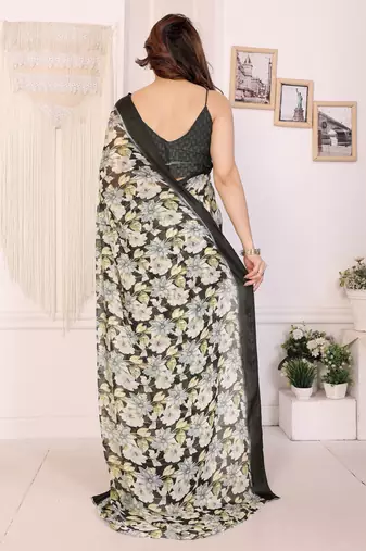 black moss satin patta flower printed ceremonial saree