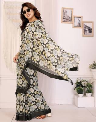 black moss satin patta flower printed ceremonial saree 4