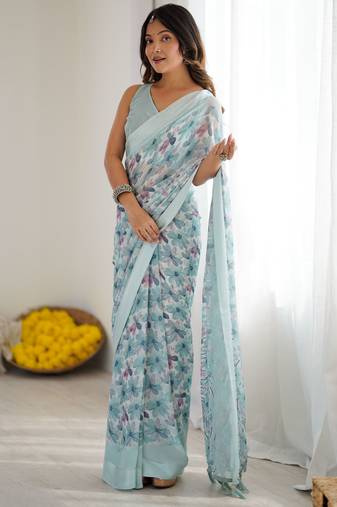 blue color moss satin patta fabric designer printed ethnic partywear saree