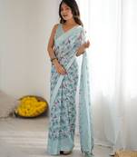 blue color moss satin patta fabric designer printed ethnic partywear saree