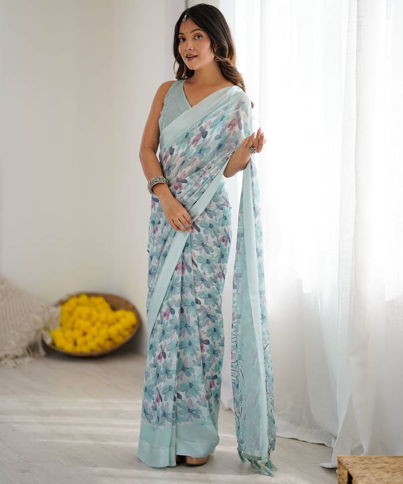 blue color moss satin patta fabric designer printed ethnic partywear saree