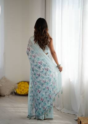 blue moss satin patta printed ethnic partywear saree 2