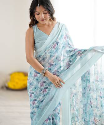 blue moss satin patta printed ethnic partywear saree 3