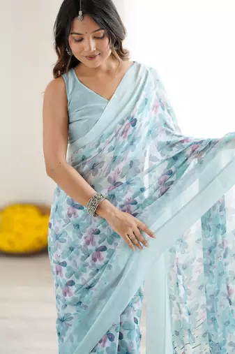 blue moss satin patta printed ethnic partywear saree