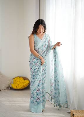 blue moss satin patta printed ethnic partywear saree 4