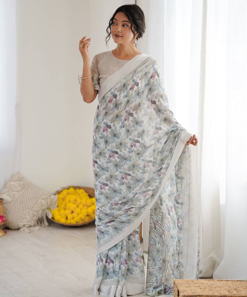 grey color moss satin patta fabric designer printed ethnic partywear saree